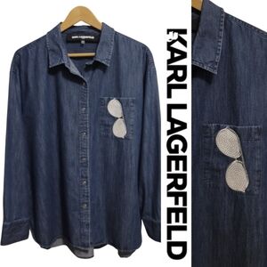 Karl Lagerfeld Sunglass Embellished Denim Chambray Button Down Shirt